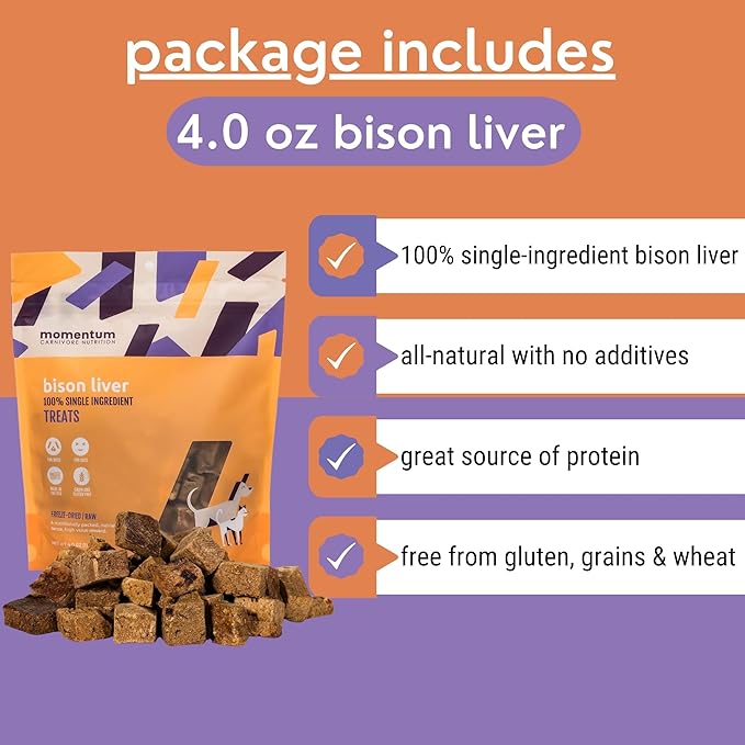 Momentum Carnivore Nutrition Freeze-Dried Bison Liver Dog Treats – Single-Ingredient, Dog & Cat Treats – High-Protein, Grain-Free– 4 oz Pack