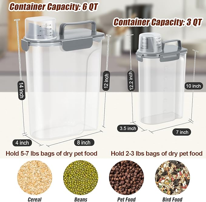 TBMax Dog Food Storage Containers 2 Pack 8 to 10 Lbs, Airtight Pet Food Container Dispenser with Large Spout & Portable Handle, Travel Dog Treat Cat Food Storage Bin Bird Seed Container -Dark Grey