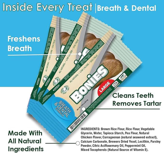 Bonies Natural Breath and Dental Formula Minis-Sized Single Bone - All-Natural Ingredients, Fresh Breath, Cleans Teeth, Low Calories, Chicken Flavor, MINI Dog, 2 Bone Pack