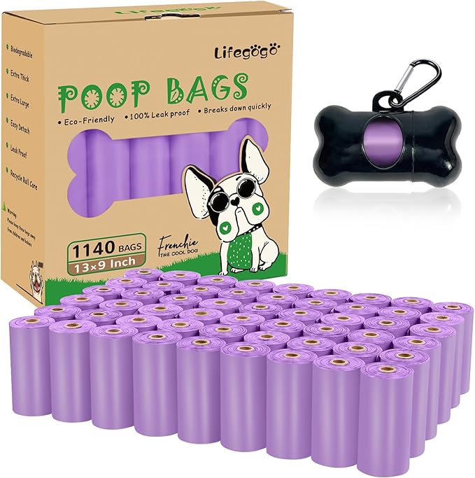 Dog Poop Bag 1140 Counts 57 Rolls, Unscented Doggy Poop Bags, Leak-Proof Dog Bags for Poop, Extra Thick Strong Dog Waste Bags with Dispenser - Purple (13 x 9 Inches)