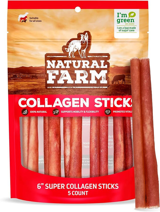 Natural Farm Odor-Free Super Collagen Dog Chews (6-Inch, 5-Pack) The First Ever Real Bull Sticks Alternative: 100% Natural Angus Hide Collagen Treats - More Protein, More Chew Time for All Dogs