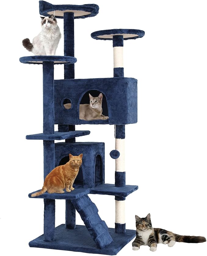 BestPet | 54" Cat Tree Tower | Navy Blue | Sturdy, Easy to Assemble, Multi-Level Activity Center with Sisal Scratching Posts, Condos, Perches, Hanging Cat Toys, Observation Decks & Ladder