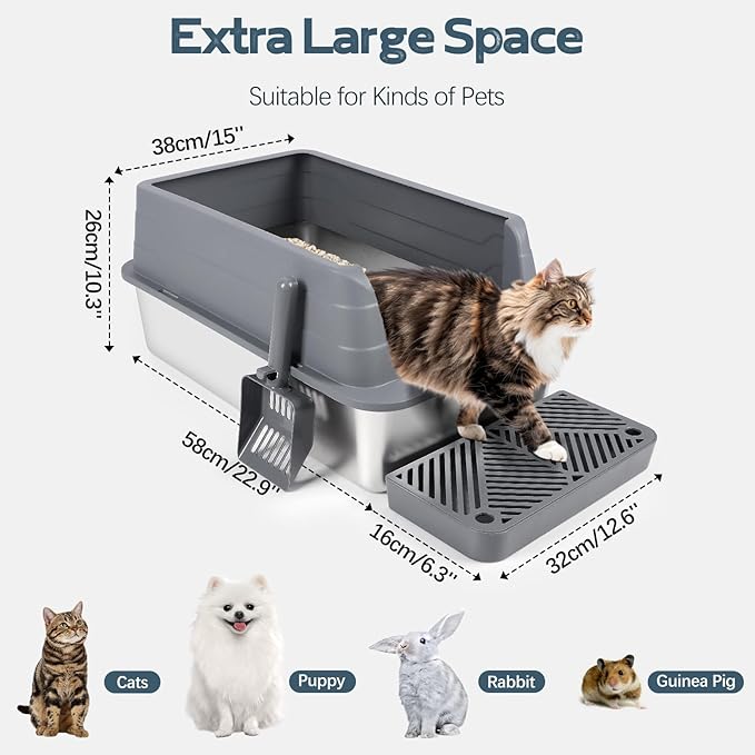 3 Pack Stainless Steel Litter Box, XL 22.9” x 15” x 10.3” High Sided Metal Cat Litter Tray with Scoop, Filter Pedal for Anti-Splash, Non-Sticky, Easy to Clean (Dark Grey)