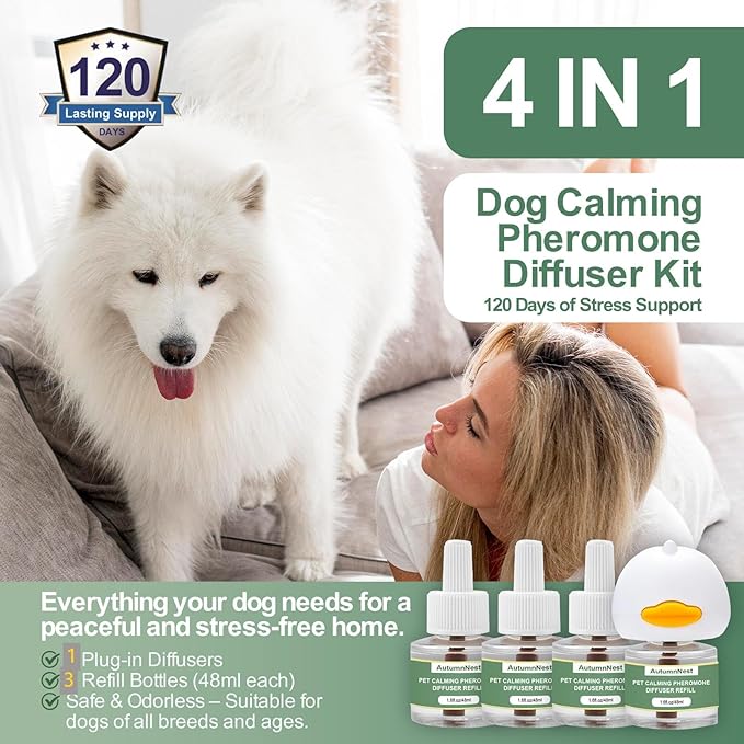 4-Pack Dog Calming Diffuser Kit (1 Diffuser + 3 Refills), Plug-in Pheromone Calming Diffuser for Dog, 90-Day Supply, Covers 700 sq ft, Safe & Odorless Stress Relief Solution, Promotes Relaxed Behavior