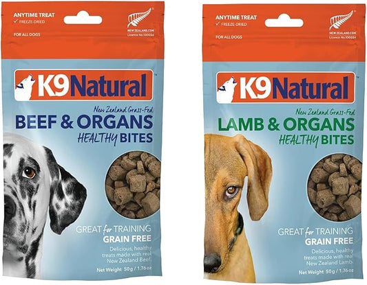 K9 Natural - Grain Free Freeze Dried Dog Treats - Beef Bites 1.76oz & Lamb Bites 1.76oz