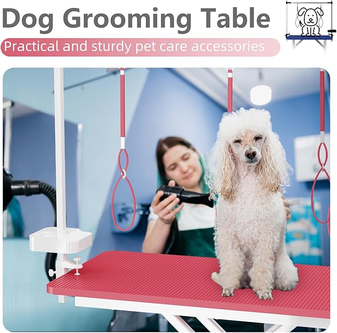VFK 47" Adjustable Dog Grooming Table with Storage Box & Metal Basket Manual Height-Adjustable Pink Pet Grooming Table for Dogs at Home Use, Waterproof Scratch-Resistant Surface, X-Frame Design