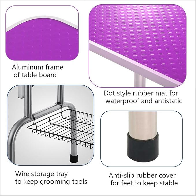 Pet Grooming Table, 46" Adjustable Height Dog Grooming Table with H-Type Arm & Stainless Steel Legs, Non-Slip E1 Grade Top, Tool-Free Folding, Portable for Professional & Home Use (Purple, 46inch)