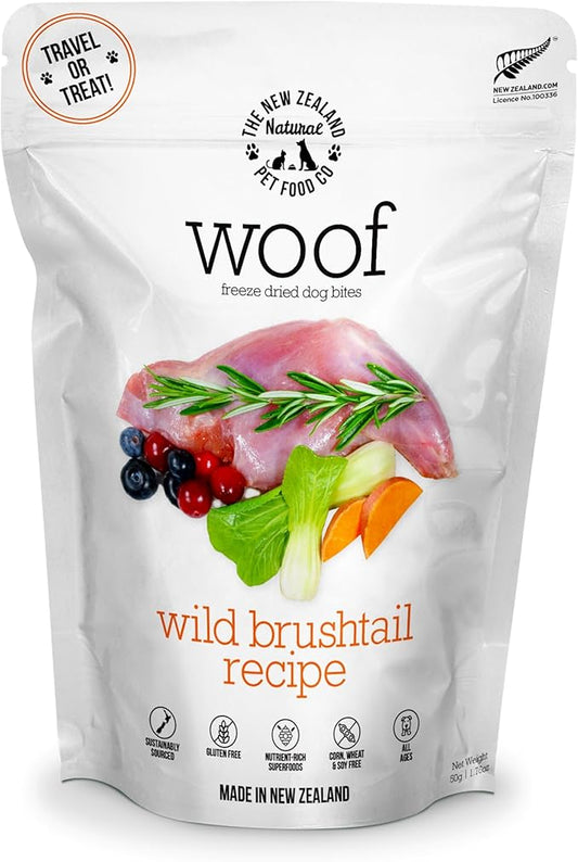The New Zealand Natural Pet Food Co. Woof Freeze Dried Dog Food - Wild Brushtail, High Protein, Complete Diet, Dog Treats, All Life Stages - 1.76 oz
