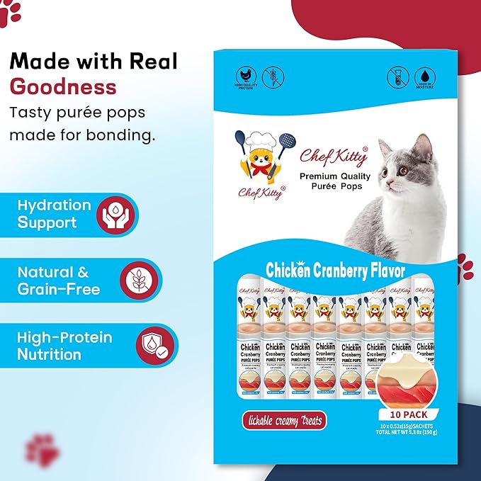 Purée Pops, Cat Treats, Grain-Free, Lickable, Squeezable Creamy Cat Treat/Topper with Vitamin E & Taurine, 0.5 Ounces Each Tube, 10 Tubes, Chicken with Cranberry Recipe