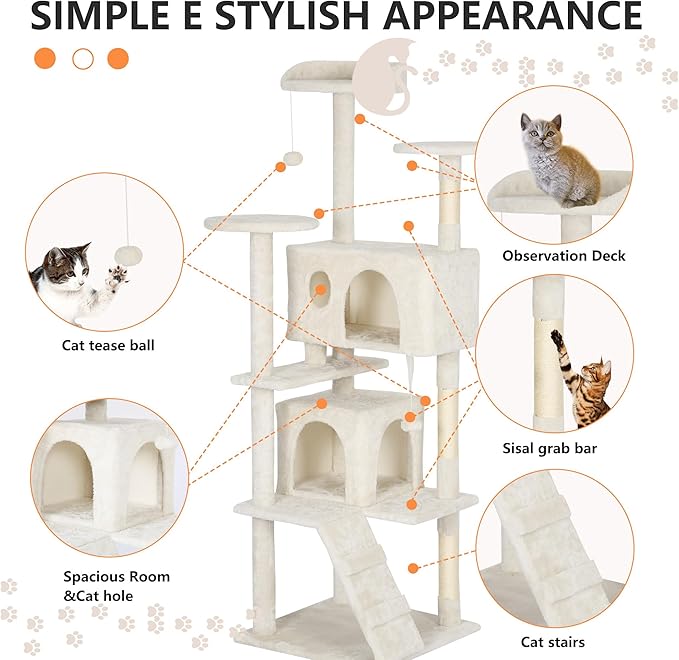 BestPet | 62" Cat Tree Tower | Beige | Sturdy, Easy to Assemble, Multi-Level Activity Center with Sisal Scratching Posts, Condos, Perches, Hanging Cat Toys, Observation Decks & Ladder