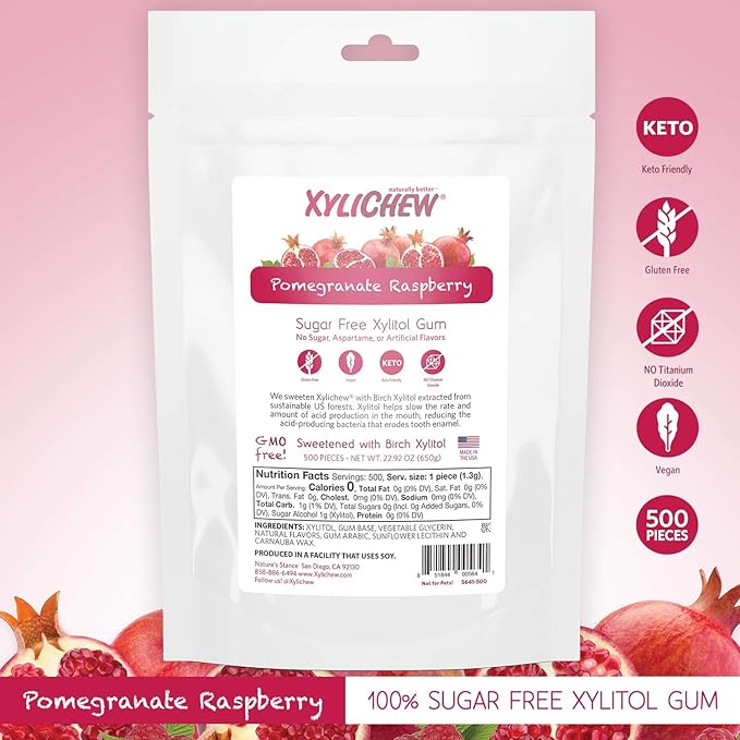 Xylichew 100% Xylitol Chewing Gum - Non GMO, Non Aspartame, Gluten Free, and Sugar Free Gum - Natural Oral Care, Relieves Bad Breath and Dry Mouth - Pomegranate Raspberry, 500 Count