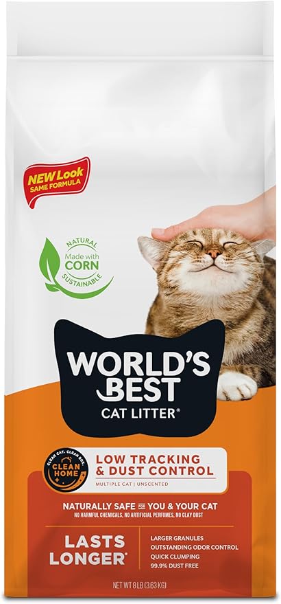 WORLD'S BEST CAT LITTER Low Tracking & Dust Control Multiple Cat Unscented 8-Pounds - Natural Ingredients, Quick Clumping, Flushable & Made in USA - Long-Lasting Odor Control & Easy Scooping
