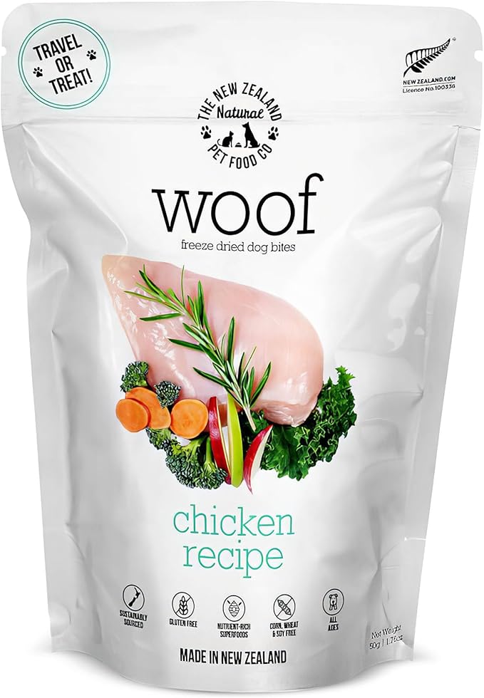 The New Zealand Natural Pet Food Co Woof Freeze Dried Dog Food - Chicken Recipe, High Protein, Dog Food Topper & Dog Treats, All Life Stages, 1.76 oz