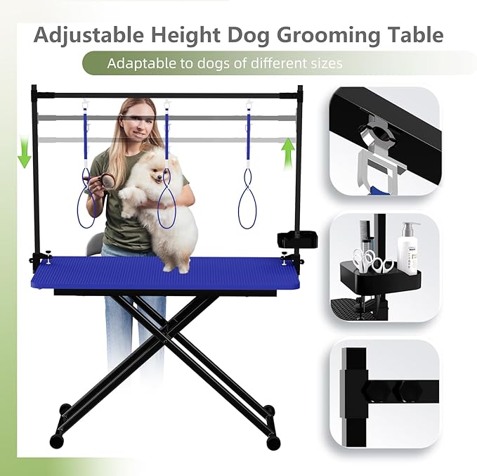 VFK 47'' Large Dog Grooming Table X-Lift Foldable Grooming Table for Dogs at Home Adjustable Height Arms Pet Station with Nooses, Mesh Tray, Tool Organizer