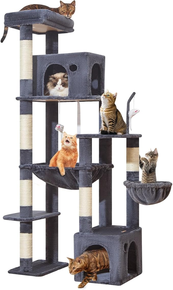 Taoqimiao Heavy Duty Cat Tree for Large Cats 20lbs+, 71 Inches Tall Cat Tower, 2 Cat Condo with 6 Scratching Posts, Super Large Hammcock, Cat Toys, Cozy Basket, Smoky Gray, MS037G