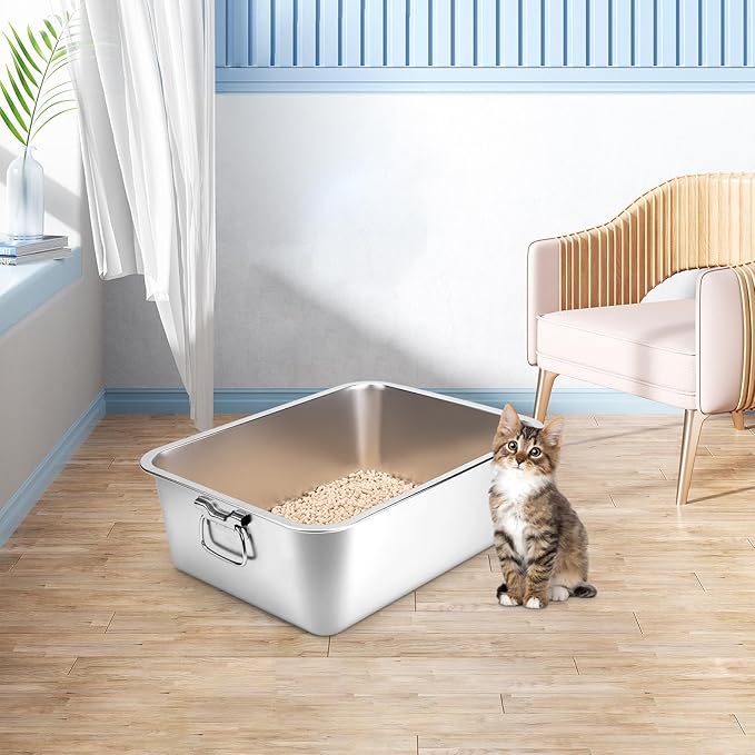 2 Pack Stainless Steel Litter Box with Handle for Cat and Rabbit, 19.5" L x 13.5" W x 6" H, Odor Control Litter Pan, Fold-able Feeding Plate, Non Stick Smooth Surface