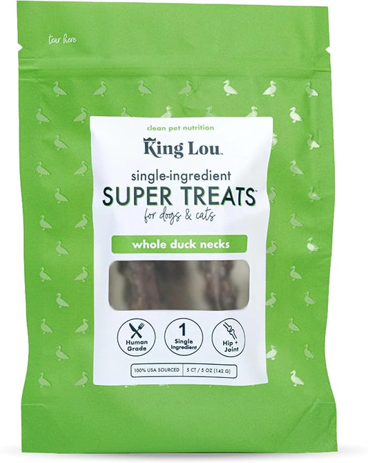 King Lou Pets - Whole Duck Necks for Dogs and Cats - Single Ingredient Dog Treat - Dehydrated Cat Treats - USA-Made Dog and Cat Treats - Supports Hip and Joint Health - 5 Count