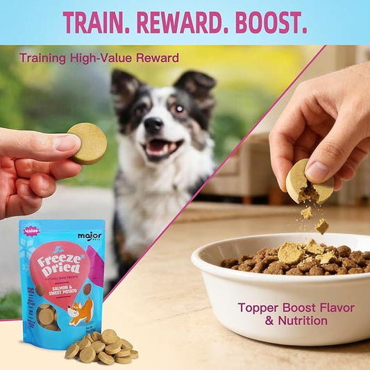 MAJOR PETS Freeze Dried Dog Treats, Wild-Caught Salmon & Sweet Potato, 100% Natural, Single High Protein, Rich in Omega-3, Grain Free, Healthy Training Bites & Meal Topper, Made in The USA, 2.5oz