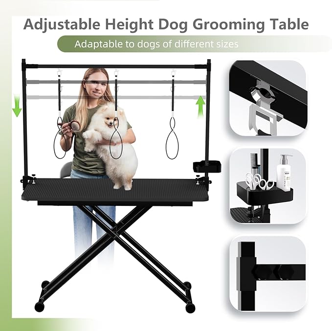 VFK 47" Adjustable Dog Grooming Table with Storage Box & Metal Basket Manual Height-Adjustable Black Pet Grooming Table for Dogs at Home Use, Waterproof Scratch-Resistant Surface, X-Frame Design