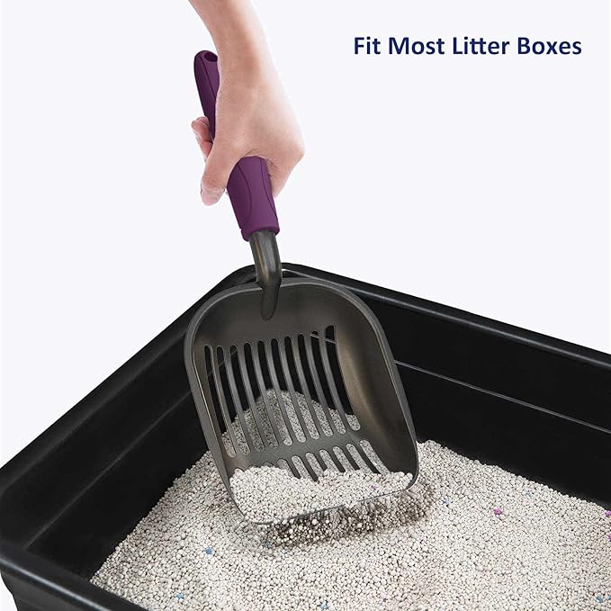 WePet Cat Litter Scoop, Non-Stick Plated Aluminum Alloy Sifter, Kitty Durable Metal Scooper, Deep Shovel, Long Handle, Kitten Pooper Lifter, Size Large, Coated Black Body with Violet Handle