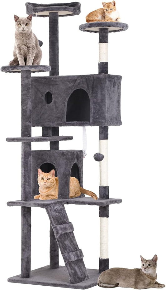 BestPet | 70" Cat Tree Tower | Light Gray | Sturdy, Easy to Assemble, Multi-Level Activity Center with Sisal Scratching Posts, Condos, Perches, Hanging Cat Toys, Observation Decks & Ladder