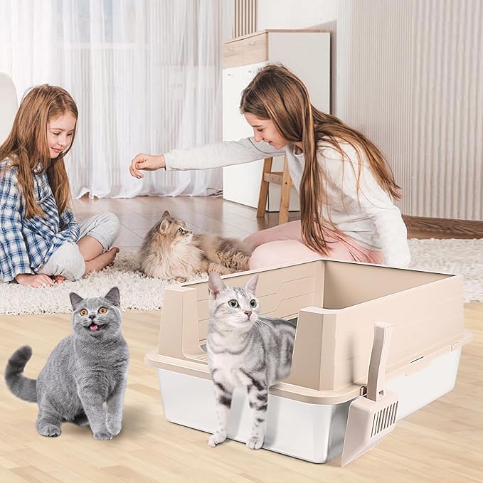 XXXL Stainless Steel Litter Box, 27.6" H x 19.7" W x 11.8" H Extra Large Metal High Sided Cat Litter Box with Scoop, Leak-Proof, Easy Clean for Big Cats/Multiple Cats (Khaki)