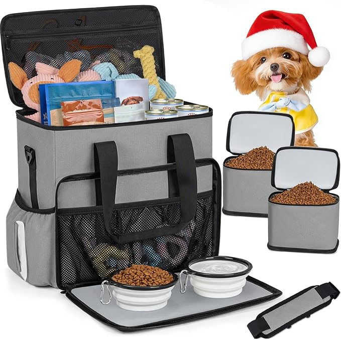 TORIBIO Dog Travel Bag,Large Pet Travel Bag for Supplies with 2 Food Container and Collapsible Bowls,Dog Travel Supplies Organizer Kit for Weekend,Road Trips,Camping