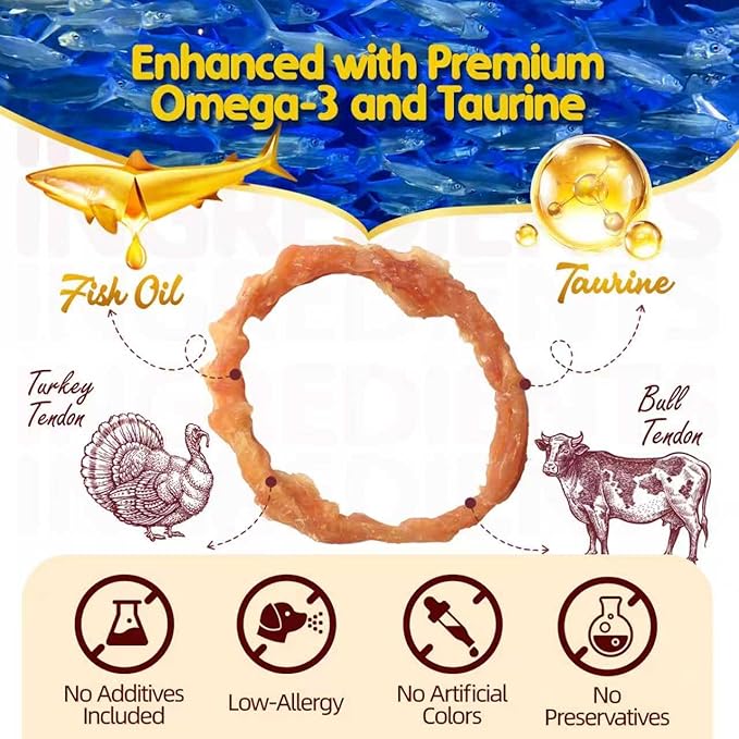 TailParty Turkey Tendons for Dogs with Fish Oil & Taurine: 8 oz Dog Healthy Treats, All Natural Dental Chew Rings, Long-Lasting Training-Reward Snacks for Health-Conscious Pet Owners