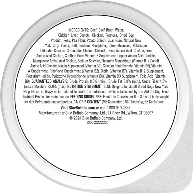 Blue Buffalo Delights Small Breed Natural Wet Dog Food, NY Strip Flavor in Gravy, 3.5-oz Cups, 12 Count