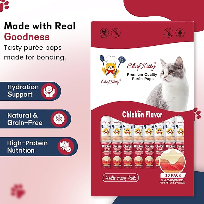 Purée Pops, Cat Treats, Grain-Free, Lickable, Squeezable Creamy Cat Treat/Topper with Vitamin E & Taurine, 0.5 Ounces Each Tube, 10 Tubes, Chicken Flavor