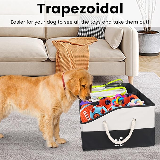 Large Dog Toy Basket With Handle, Foldable Dog Toy Box for Living Room Area, 28.5" Basket for Dog Toys, Clothes, Organizers and Storage with Hard Board, Anti-slip for Pet Toys (Black, Large)