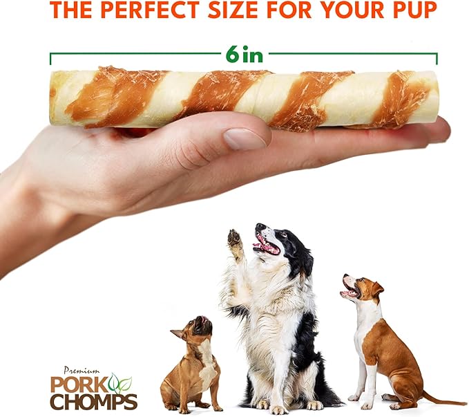 Pork Chomps Baked Pork Skin Dog Chews, 6-inch Twists, Real Chicken Wrap, 4 Count