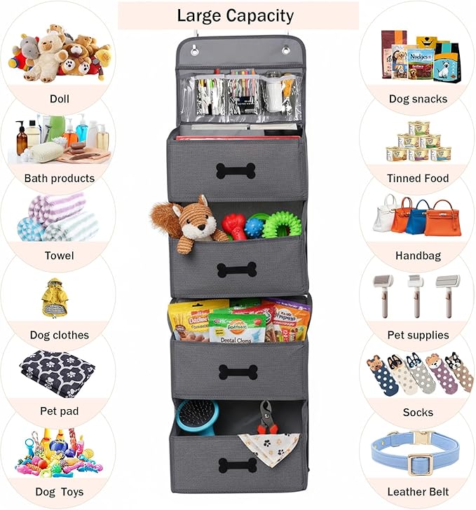 4-Shelf Dog Storage Organizer for Dog Toys,Over Door Basket for Pet Stuff with 2 Metal Hooks,4 Large Pockets for Dogs Leash,Harness,Toys,Treats-with DIY Tag-48''(Height)-Grey ﻿