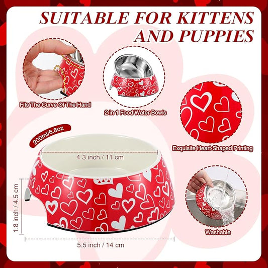 Valentine's Day Pet Food Bowl for Small Dog Cat, Red White Heart 2 in 1 Valentine Dog Food Water Bowl Stainless Steel Ceramic Stackable Pet Dish Water Feeder Non Slip Easy Clean,Small Size