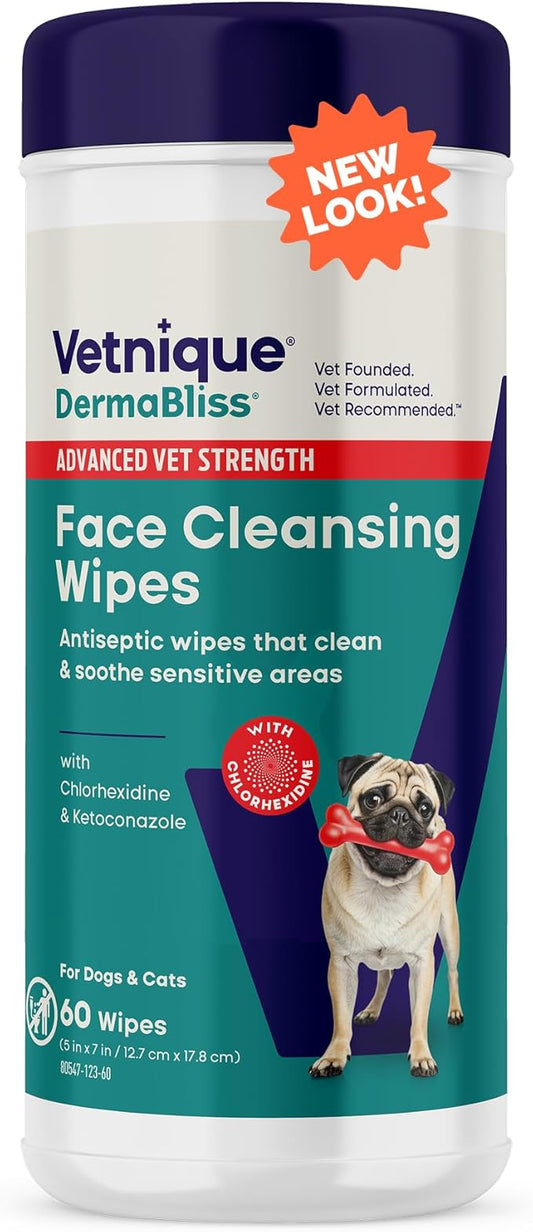 Vetnique Dermabliss Dog Face Wipes - Medicated Chlorhexidine Wipes for Dogs with Wrinkles, French Bulldog, English Bulldog Dog Grooming Wipes Cleaning & Deodorizing Dog Wipes