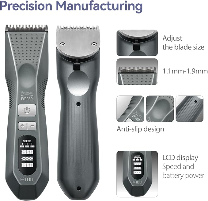 Cordless Dog Grooming Clippers More Than 10H Run Time 3-Speed Professional Pet Clippers for Grooming Heavy Duty Thick Hair Detachable Carbonized Steel Blade Low Noise
