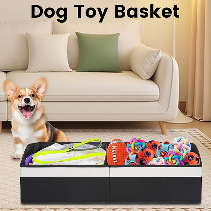 Large Dog Toy Basket With Handle, Foldable Dog Toy Box for Living Room Area, 28.5" Basket for Dog Toys, Clothes, Organizers and Storage with Hard Board, Anti-slip for Pet Toys (Black, Large)
