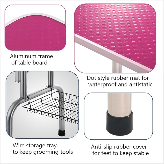 Pet Grooming Table, 42" Adjustable Height Dog Grooming Table with H-Type Arm & Stainless Steel Legs, Non-Slip E1 Grade Top, Tool-Free Folding, Portable for Professional & Home Use (Pink, 42inch)