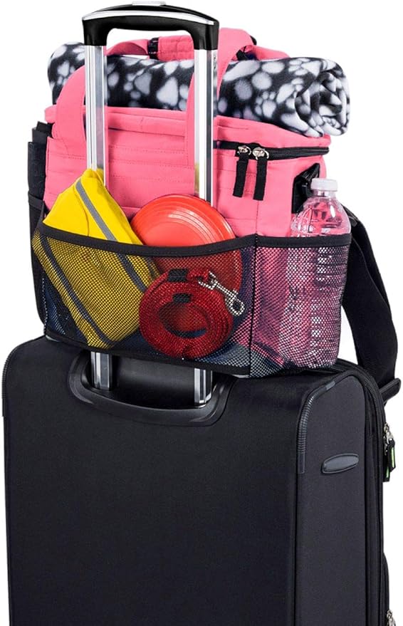 Mobile Dog Gear, Week Away Dog Travel Bag for Small Dogs, Includes Lined Food Carriers and 2 Collapsible Dog Bowl, Pink