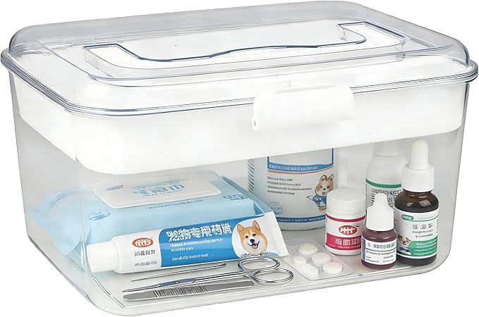 2 Layers Dog First Aid Kit Box,Large First Aid Kit Bin,Medic Box for Dog Cat,Empty First Aid Box,Medicine Organizer with Built in Handle,Family or Dog Travel Camping Emergency Tool Set-White