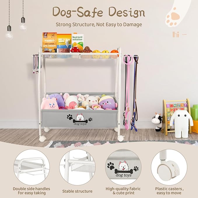 Liitrton Large Dog Toy Basket, Mobile Dog Toy Bin with Dog Organizer Storage Rack, 2-Tier Dog Toy Box for Living Room Area Holder Storage Dog Cat Accessories, Pet Leashes, Food & Clothes