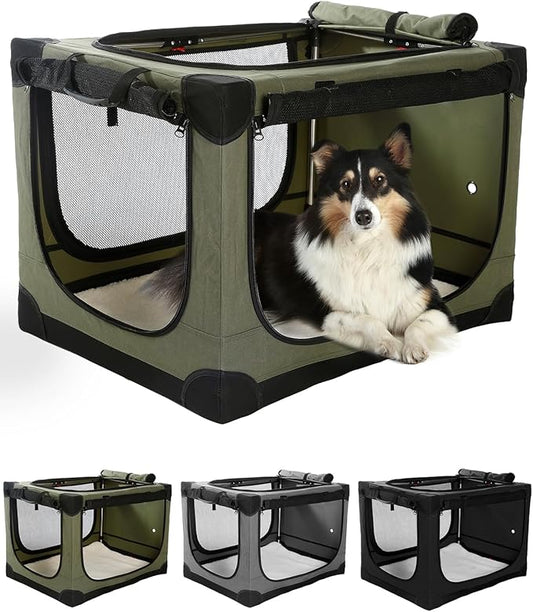 24 Inch Collapsible Travel Dog Crate for Medium Large Dogs, Portable Dog Crate 4-Door Foldable Soft Kennel with Durable Mesh Windows for Indoor & Outdoor Travel, with Storage Bag,Green
