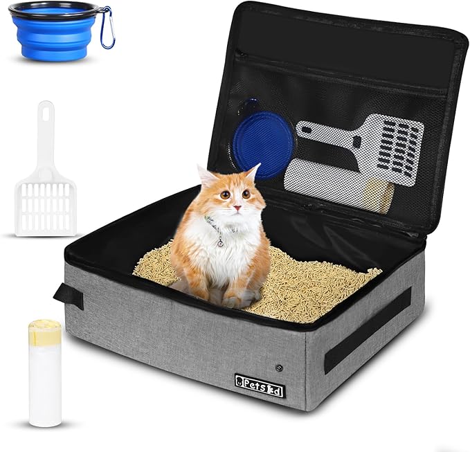 Petskd Portable Cat Travel Litter Box with Lid and 10 pcs Disposable Liner Bags, Leak-Proof and Collapsible, Cat Travel Essentials for Car, Hotel, Airplane and Other Outdoor Use(Grey)