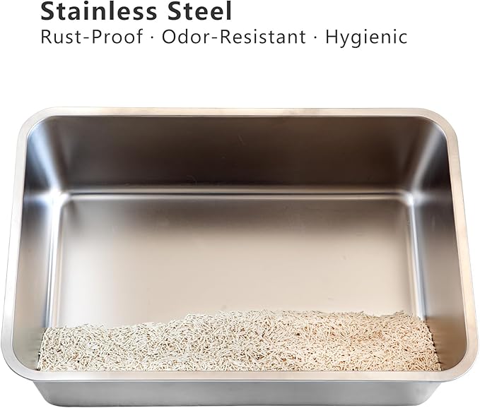 2-Pack Stainless Steel Cat Litter Boxes, Includes Catnip Fish Toy & Wand Feather Toy Refill, Easy to Clean, Pet Toilet Supplies for Kitten, Kitty, Rabbit, Metal Litter Pans for Multi-Cat Homes