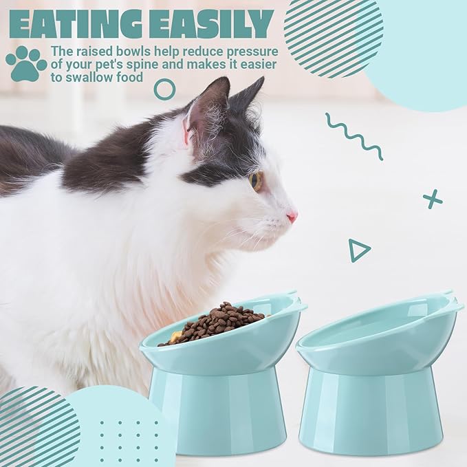 Zhehao 2 Pieces Plastic Raised Bowl Tilted 15 Degrees Elevated Cat Food and Water Bowls Set Anti Vomit Dog Kitten Food Dishes Pet for Cats and Small Dogs(Cat Ears,Light Green)