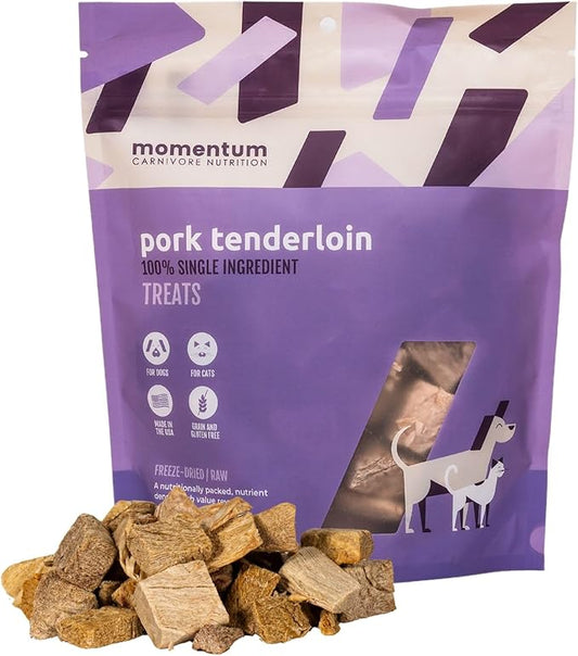 Momentum Carnivore Nutrition Freeze-Dried Pork Tenderloin Dog Treats – Single-Ingredient, Dog & Cat Treats – High-Protein, Grain-Free– 3.5 oz Bag