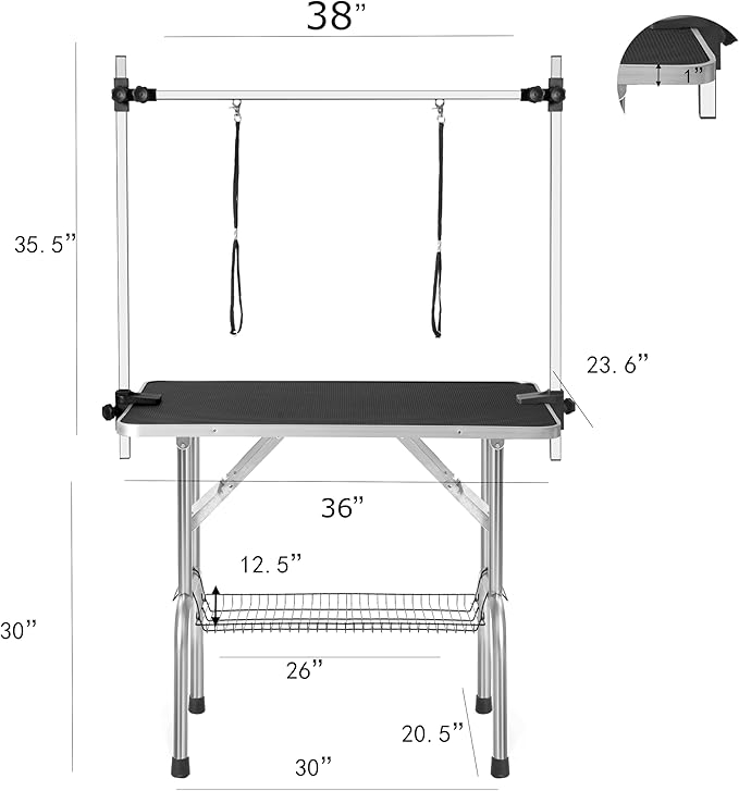 Pet Grooming Table, 36" Adjustable Height Dog Grooming Table with H-Type Arm & Stainless Steel Legs, Non-Slip E1 Grade Top, Tool-Free Folding, Portable for Professional & Home Use(Blakc, 36inch)
