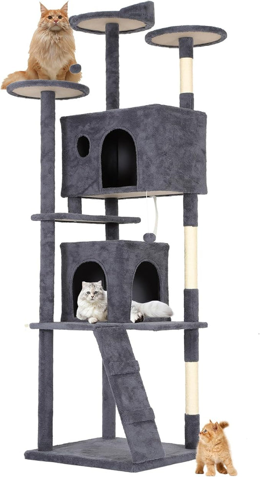BestPet | 81" Cat Tree Tower | Dark Gray | Sturdy, Easy to Assemble, Multi-Level Activity Center with Sisal Scratching Posts, Condos, Perches, Hanging Cat Toys, Observation Decks & Ladder