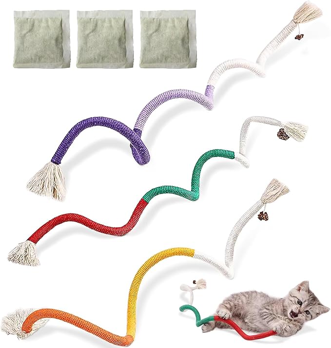 3 PCS Cotton Rope Cat Toys with 3 Pack Catnip for Indoor Cats, Interactive Cat Rope Toys with Silvervine Fruit for Cats and Kittens, Handmade Pet Chew Toys for Teeth Cleaning