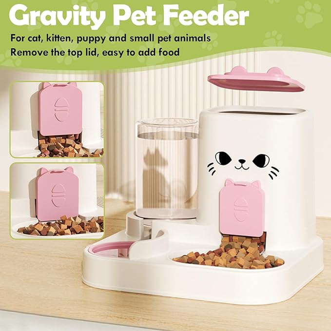 1.6L Auto Gravity Pet Feeder and 0.6L Water Dispenser Set, Automatic Cat Food and Water Dispenser, Gravity Pet Feeder for Small Medium Dog Puppy Cat Kitten (Pink)